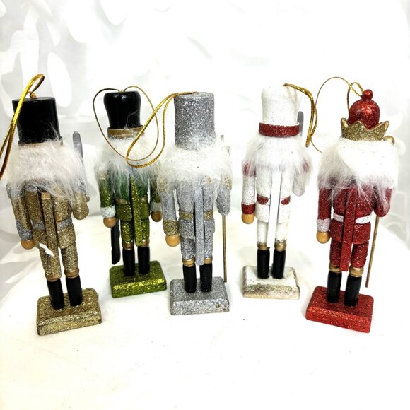 Nutcracker Wooden Sparkle Set of Five Holiday Christmas Ornaments - Picture 2 of 14